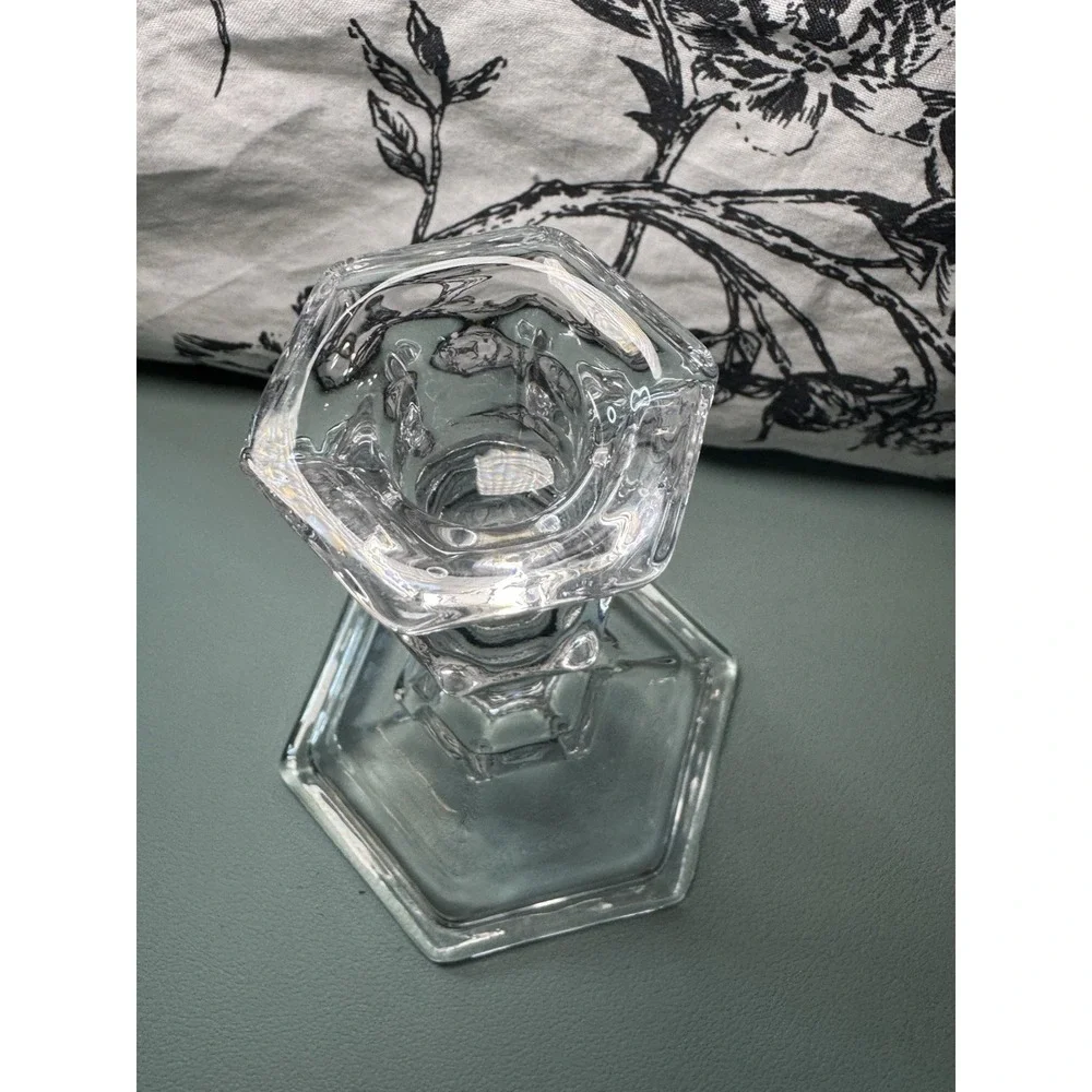 Vintage Clear Crystal Glass Candlestick Multi-Faceted Geometric Stem Hexagonal